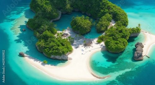 view of island, island in the sea, beach with palm trees and sea, view of tropical island, tropical beach © Gegham