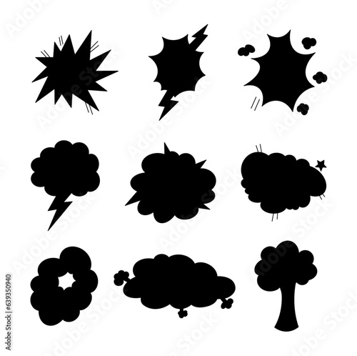 Explosion air cloud. Silhouette image. Comic speech bubble. Vector drawing. Collection of design elements.