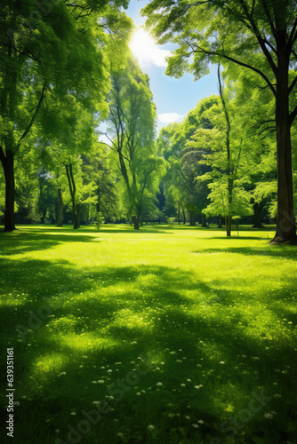 Beautiful panoramic landscape of park with trees and green grass field in autumn sunny morning.