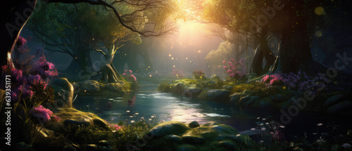 Beautiful fairy tale enchanted forest, magical fantasy scenery with big trees and greenery.