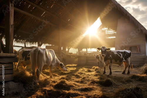 cowshed, cows are standing inside, the cowshed is illuminated by