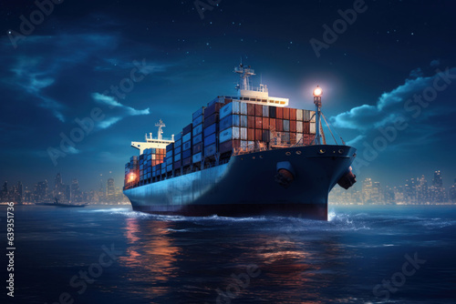 sea container ship moving on the sea, night, view from the water