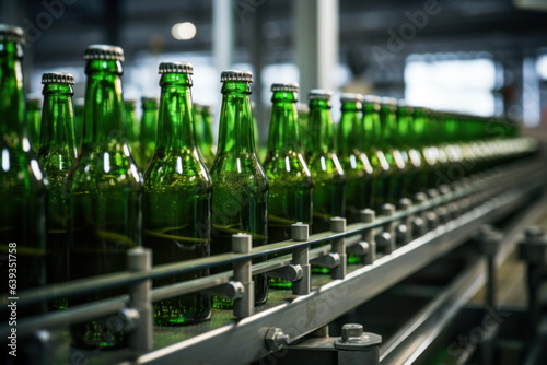beer factory green glass bottles on conveyor