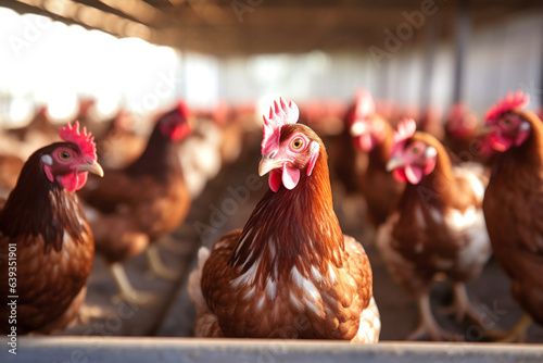 a large poultry farm, a lot of chickens walking around the poultry house photo