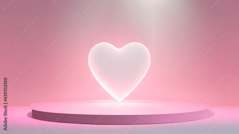 Bright heart shape pink bubble, pink podium and background, 3d render, love wedding