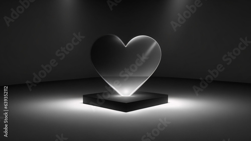 Black and white 3D render of a heart shape perspective mirror inside a dark space