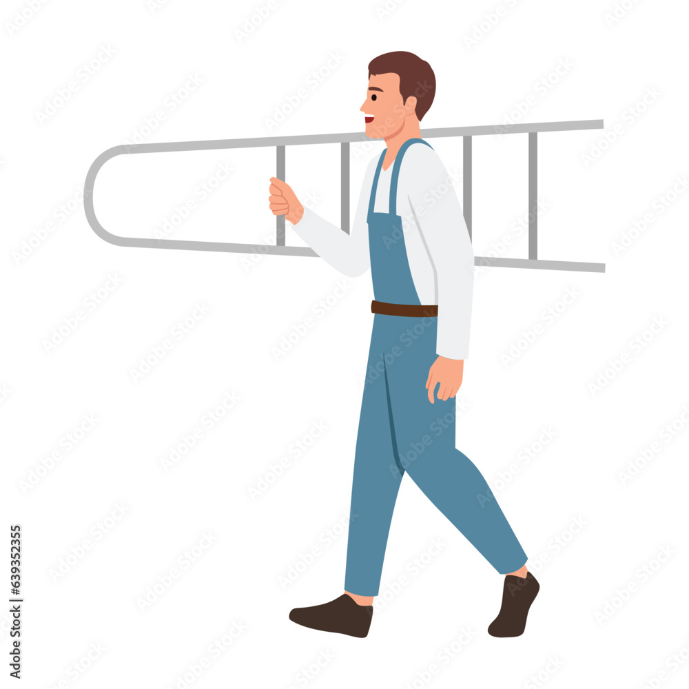 Male construction worker holding a stair and walk side view. Flat vector illustration isolated on white background Male construction worker holding a stair and walk side view. Flat vector illustration isolated on white background