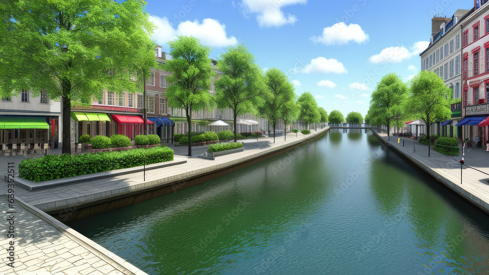 Photorealistic scenic fantasy river in the city environment