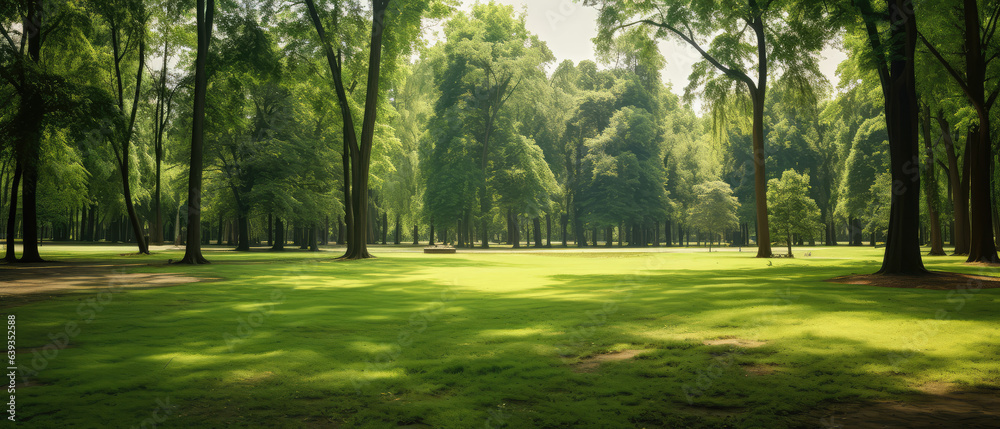 Obraz premium Beautiful panoramic landscape of park with trees and green grass field in autumn sunny morning.