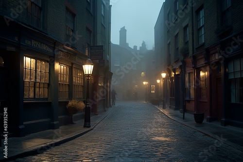 Fotografiet Image of atmospheric evening in Victorian London with gas-lights, fog, and cobble-stone streets