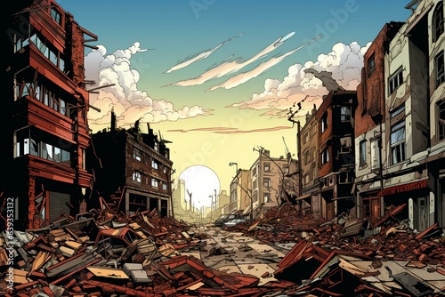 London after disaster, comics-style art. Generative AI