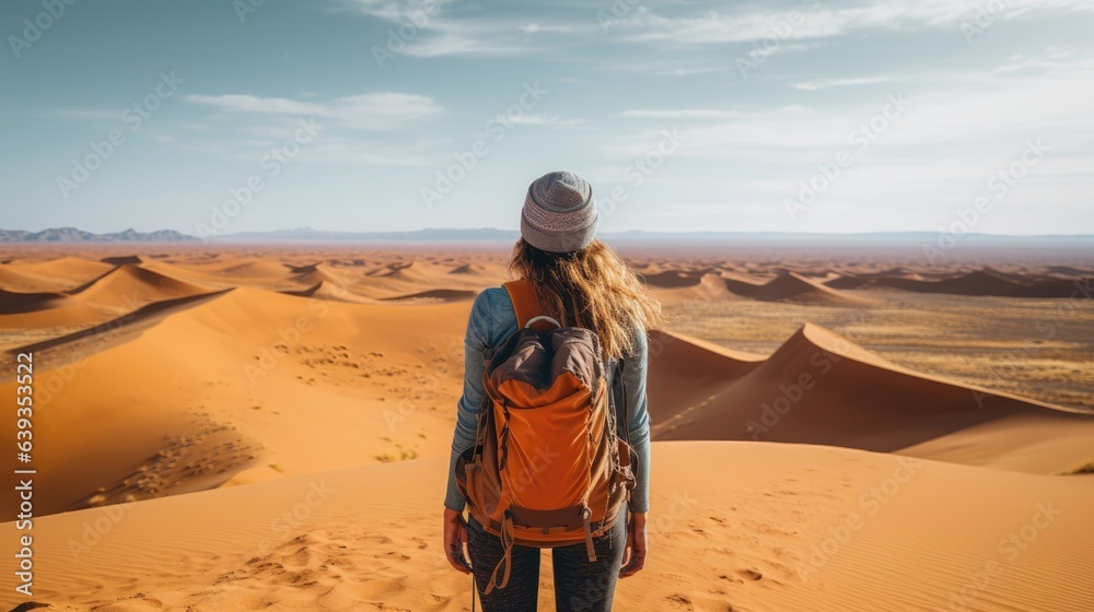 Φωτογραφία Female hiker, full body, view from behind, standing on a dune in the middle of t