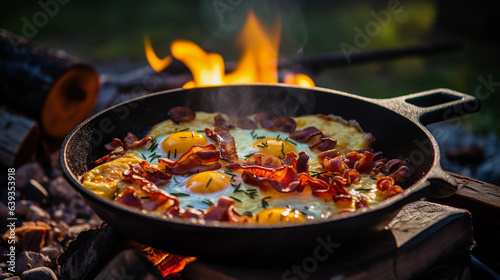 Forest Flavors: Bacon and Eggs Fried in Cast Iron Skillet