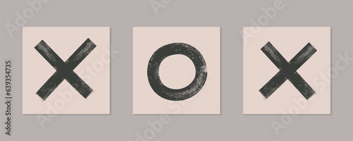 Abstract ink brush bold line geometric shapes. Grunge textured Xoxo, circle, cross symbol vector illustration poster set