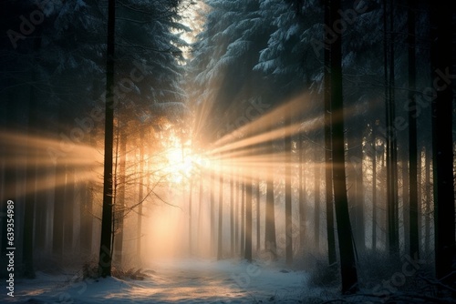 Sunrays shining on a snowy dark forest. Generative AI