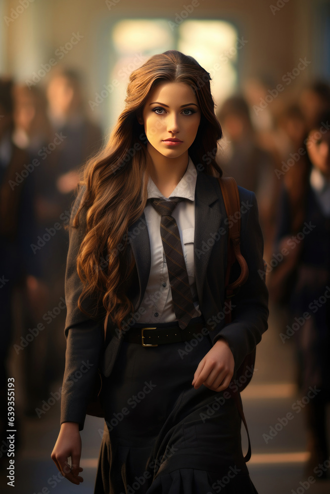 A young attractive female teacher going to school