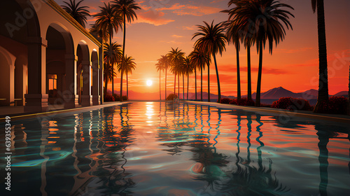 Resort swimming pool - tropical - sunset - palm trees  © Jeff