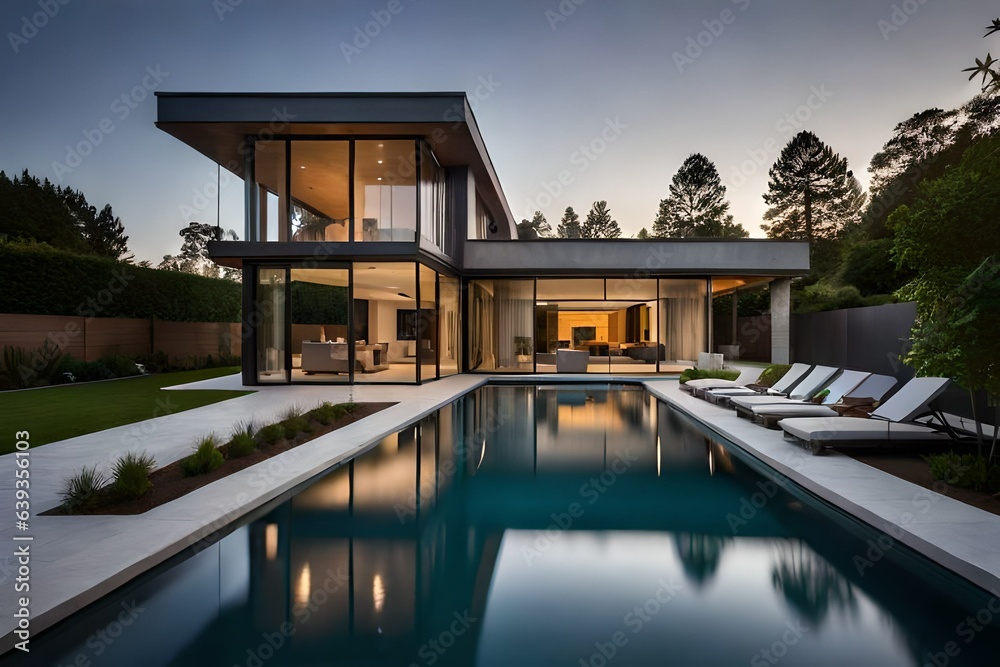 Fototapeta premium Modern Luxury House with pool at night with reflection in water.