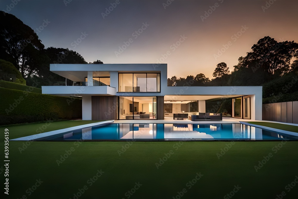 Fototapeta premium Modern house with garden at night.