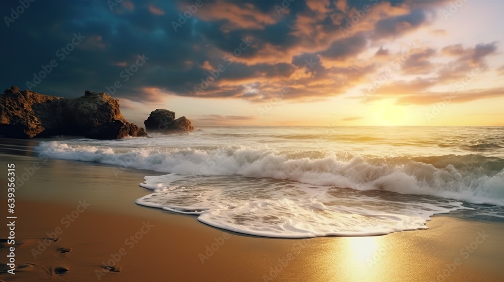 Beautiful seascape with waves on the beach at sunset time