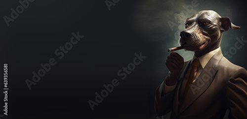 Big dog in stylish trendy suit with a tie smokes cigar on black background. Man with animal head art design.  photo