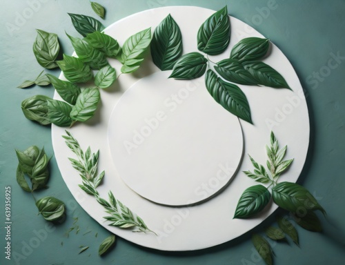 A graphic of a white template mockup, suitable for organic product presentations, paired with green leaves and a minimalist flat lay background. Created with generative AI tools