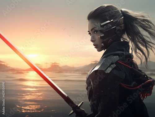 Portrait of beautiful epic warrior woman cyberpunk ninja at sunset AI