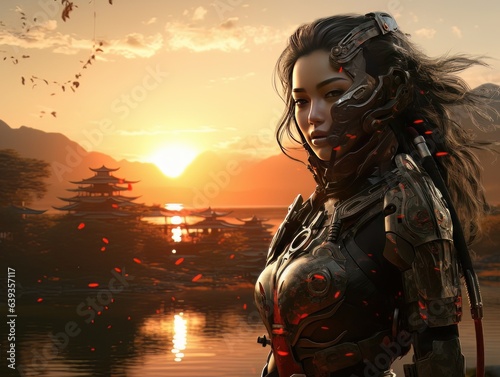 Portrait of beautiful epic warrior woman cyberpunk ninja at sunset AI