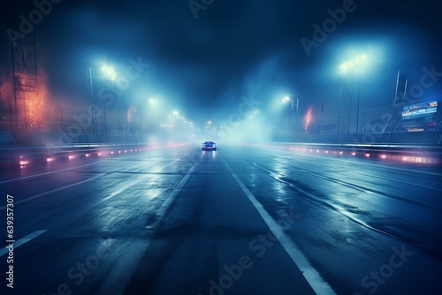 Blue lamps brighten foggy racing finish line on asphalt. Esports. Generative AI © James