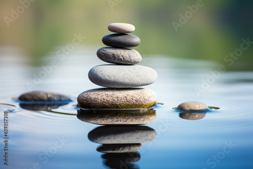 Pebbles stacked in zen balance on water with reflection. Perfect for meditation and spa concept. Generative AI