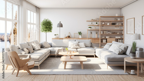 Scandinavian interior style: Natural Materials, Simple Furniture, Cozy Textiles, Natural Lights, Green Plants, Decorative Details, Warm Lighting.Generative AI