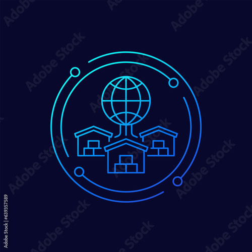 Global sourcing icon with warehouses, linear design