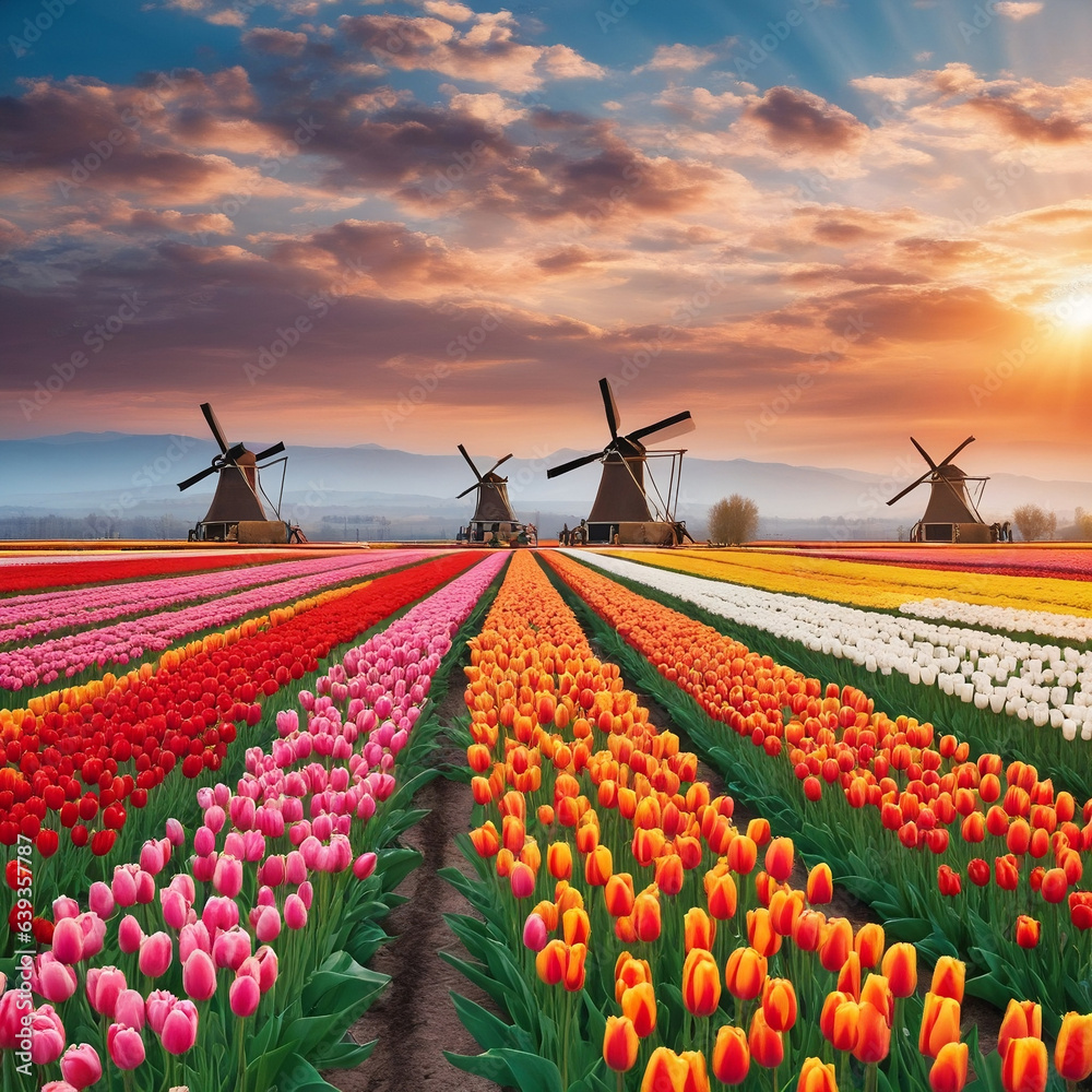 Windmill and tulips. Generative AI.