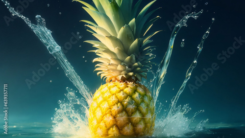 Pineapple with splashes and drops of water on a dark blue background