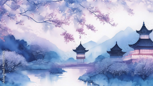Purple gradient watercolor, Chinese temple, cherry blossom mountain lake in wonderland at night