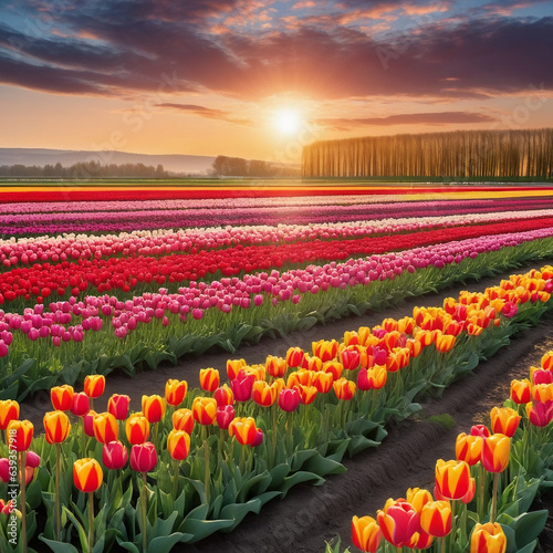 Field of tulips in spring. Generative AI.