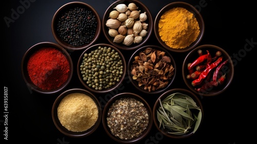 Spices set. Paprika, black pepper, chili pepper, cumin, coriander, bay leaf, caraway in clay bowls on black background, flatlay.