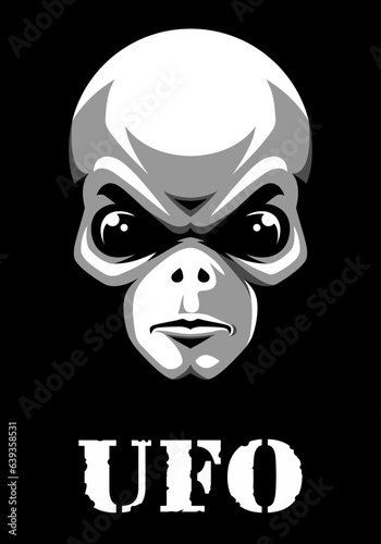 Alien head emblem. Green humanoid. Ufo. T-shirt print.