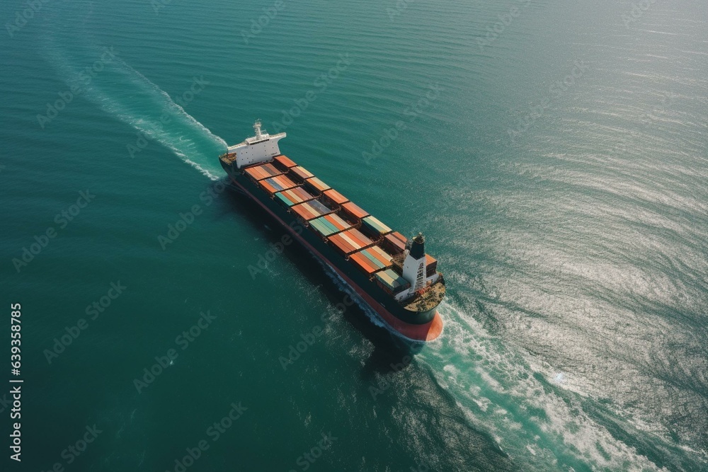 An aerial view of a cargo ship sailing on the ocean, representing international trade. Generative AI