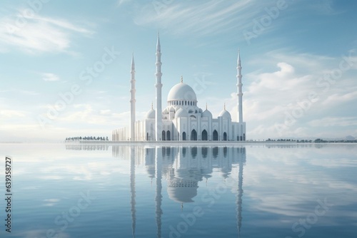 Tranquil scene showcasing a lone white mosque exuding purity. Generative AI