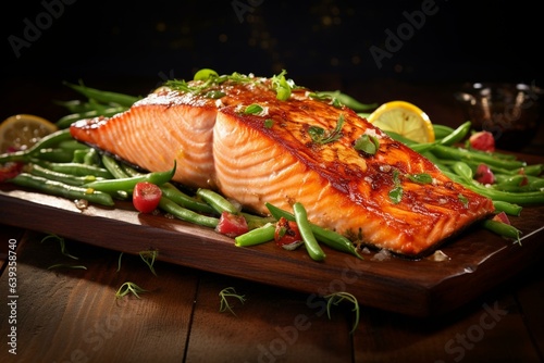Tasty baked salmon served with green beans on a rustic wooden board. Generative AI