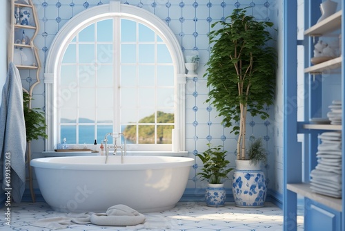 White and blue bathroom interior featuring a circular white tub  two small windows  a potted tree  and a ladder in the corner. Generative AI
