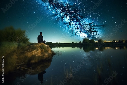 Person near tranquil water under starry sky contemplating, seeking inner harmony. Generative AI