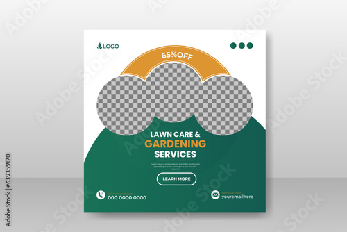 Organic food farming or lawn care and garden service social media post design template for multipurpose use with green gradient and yellow color or modern shape on white background