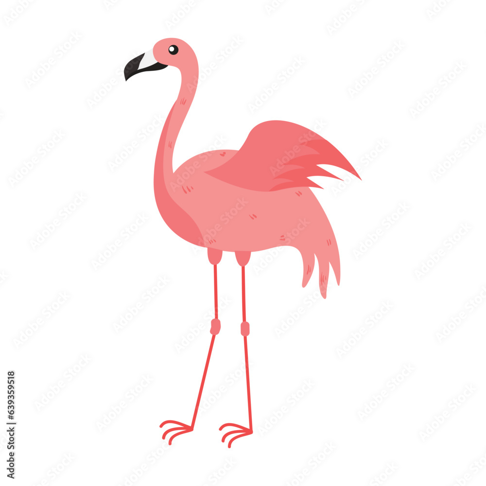 Pink Flamingo Cartoon Illustration Isolated In White Background. Summer Animal Illustration