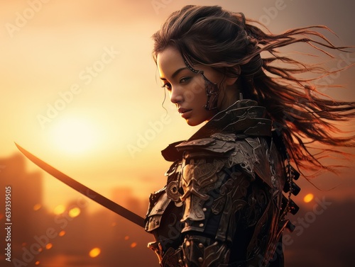 Woman warrior silhouette with samurai sword at fiery sunset in Asian style AI