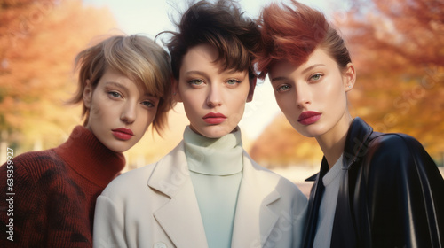A beautiful portrait of young women basking in the warmth of the autumn season, embracing fashion and nature with their unique hairstyles, clothing, and scarves, creating an image of serene beauty
