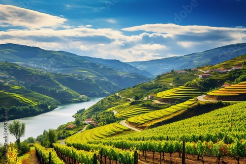 Vineyards in the Douro Valley, Portugal. Portuguese Port wine. Terrace fields. Summer season. Generative AI photo