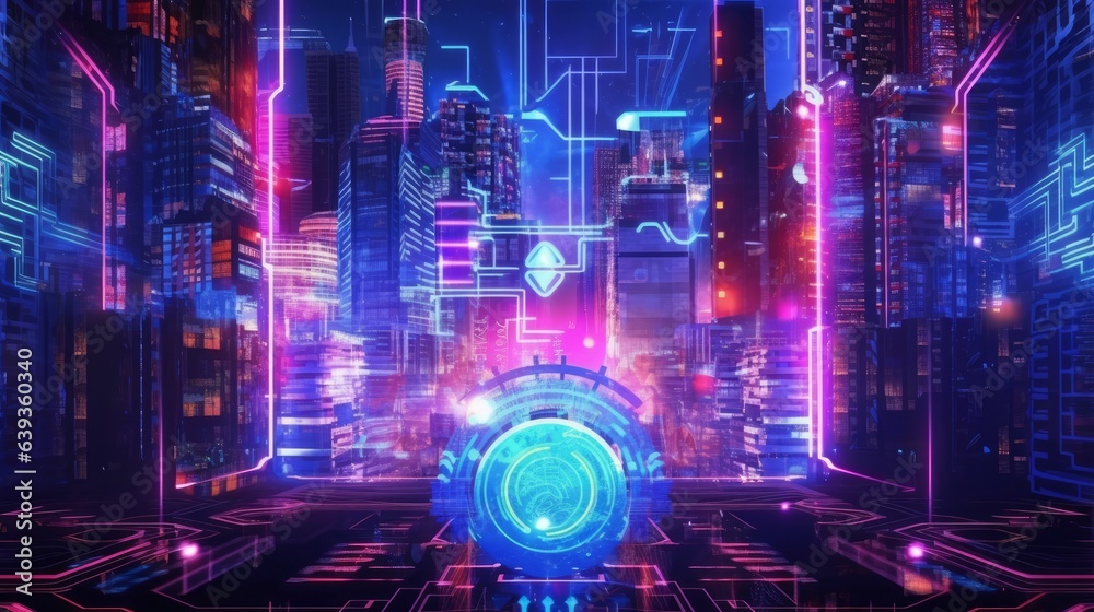 Cyberpunk Neon Background with Hi-Tech Symbols. AI generated