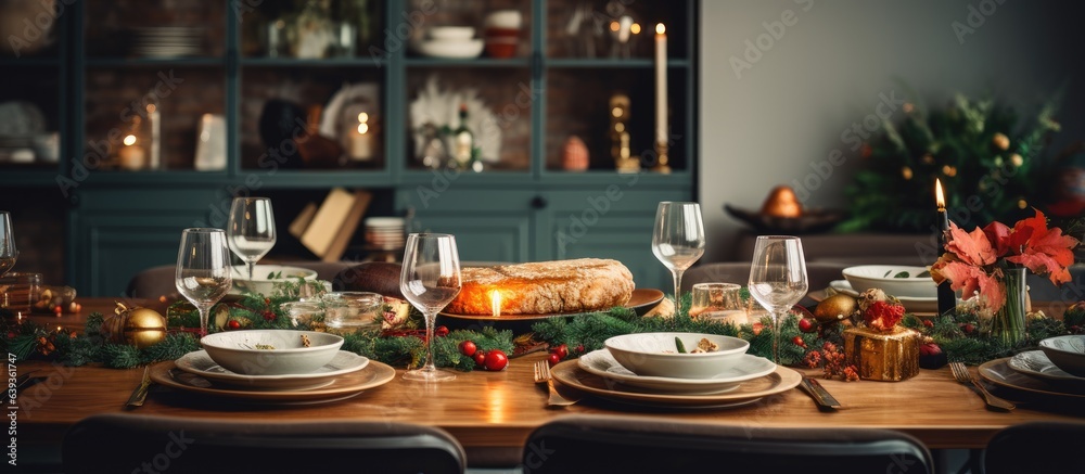 Modern cozy house kitchen with wooden table set for Christmas holiday party or dinner Cozy home desk ready for New Year celebration Modern cozy house kitchen with wooden table set for Christmas holiday party or dinner Cozy home desk ready for New Year celebration